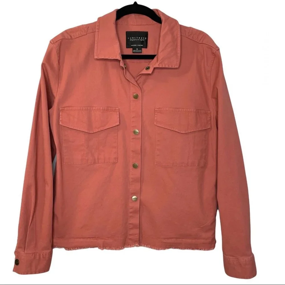 Sanctuary Dusty Rose Frayed Hem Snap Down Jean Shirt Jacket - Picture 1 of 8